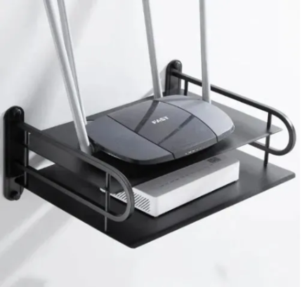 2-Layer Wall Mount WiFi Router Stand – Metal Shelf Organizer for TV Box, Remotes & Devices (Black)