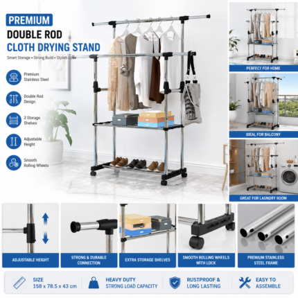 Premium Stainless Steel Double Rod Cloth Stand | Adjustable Garment Rack with 2 Storage Shelves & Wheels