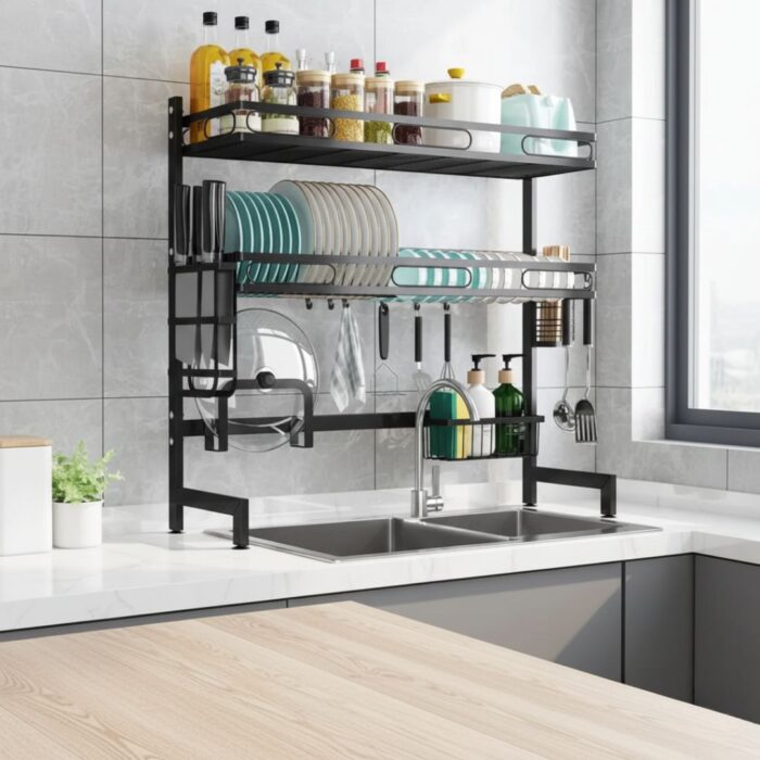 2-Layer Stainless Steel Sink Rack | Bowl, Plate & Dish Drainer with Sponge Storage - Image 2