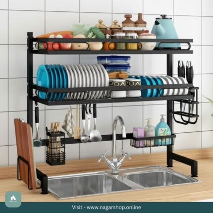 2-Layer Stainless Steel Sink Rack | Bowl, Plate & Dish Drainer with Sponge Storage