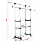Premium Stainless Steel Double Rod Cloth Stand | Adjustable Garment Rack with 2 Storage Shelves & Wheels - Image 3