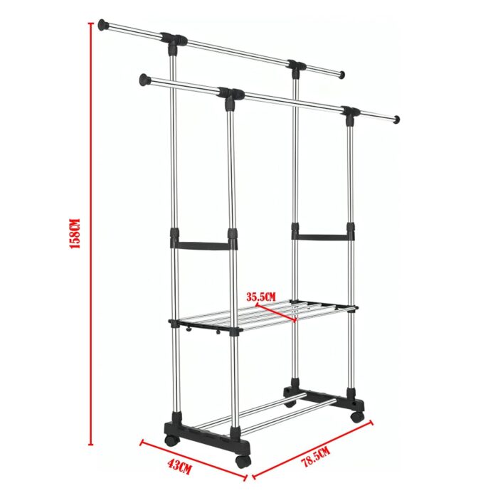Premium Stainless Steel Double Rod Cloth Stand | Adjustable Garment Rack with 2 Storage Shelves & Wheels - Image 3