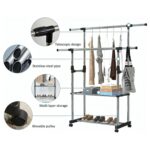 Premium Stainless Steel Double Rod Cloth Stand | Adjustable Garment Rack with 2 Storage Shelves & Wheels - Image 2