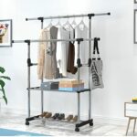 Premium Stainless Steel Double Rod Cloth Stand | Adjustable Garment Rack with 2 Storage Shelves & Wheels - Image 4