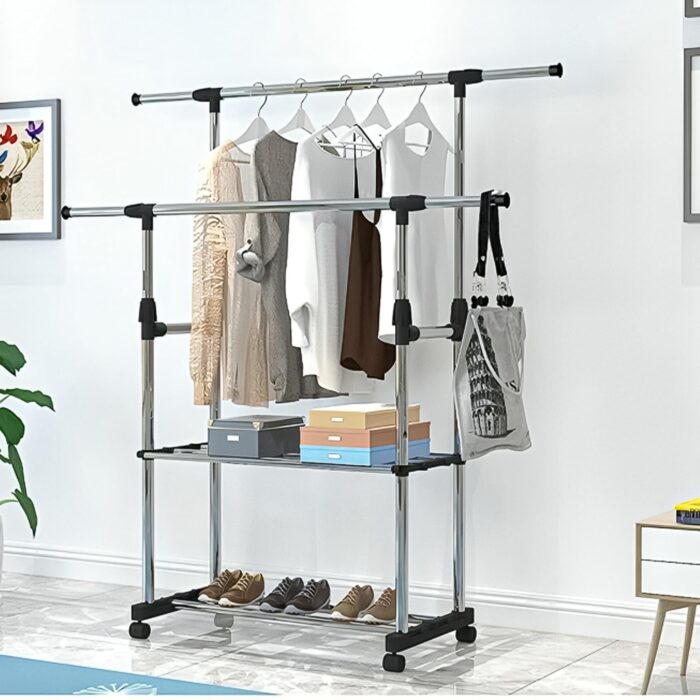 Premium Stainless Steel Double Rod Cloth Stand | Adjustable Garment Rack with 2 Storage Shelves & Wheels - Image 4