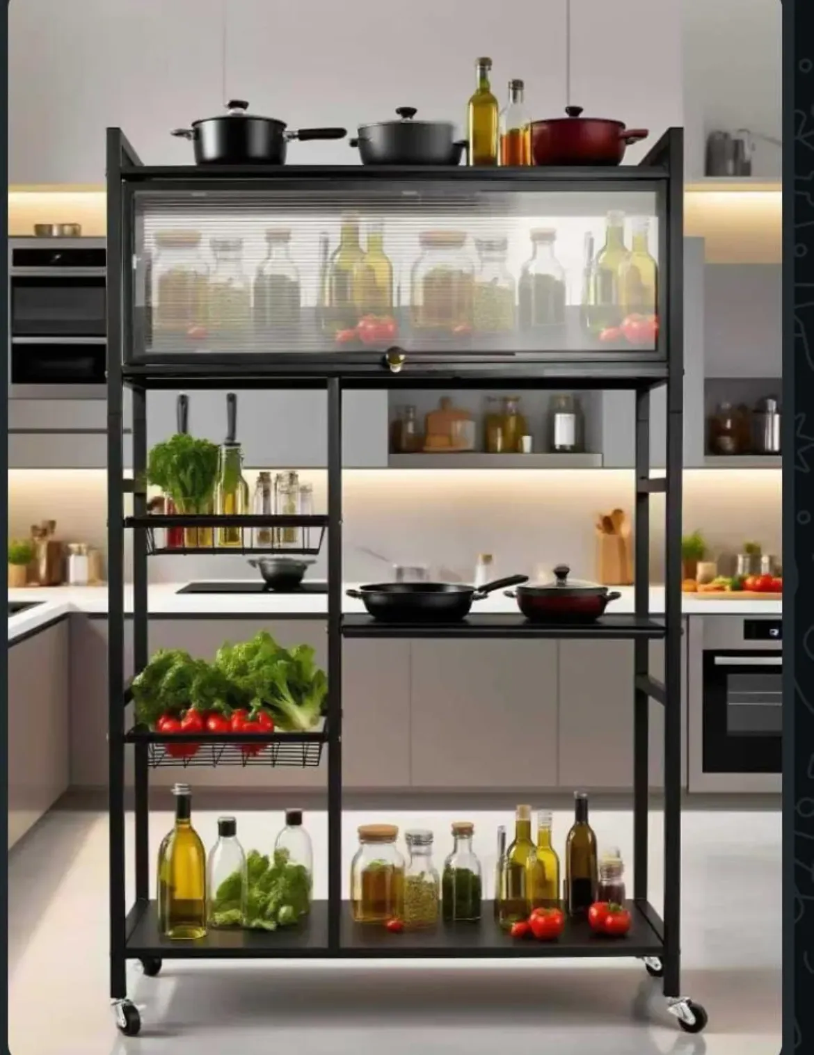 Kitchen-Rack-with-Basket.-Comes-with-lid-to-protect-your-plates-from-dust-Also-comes-with-ba.webp Floor Standing Kitchen Storage Rack – স্মার্ট কিচেন অর্গানাইজার - Image 1