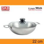 Induction 3 Layer Wok With Glass Lid SS Handle 22cm - (W3LG-22)