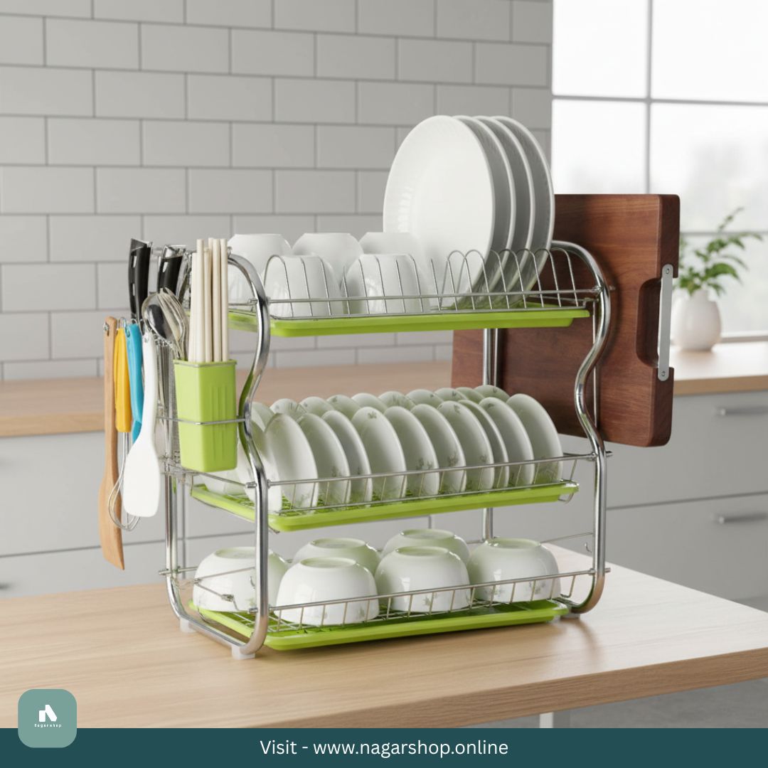 Visit-www.nagarshop.onmnline.jpg 3-Layer Kitchen Dish & Cup Drying Rack | Green Tray - Image 1