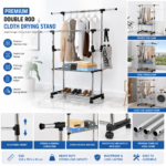 Premium Stainless Steel Double Rod Cloth Stand | Adjustable Garment Rack with 2 Storage Shelves & Wheels